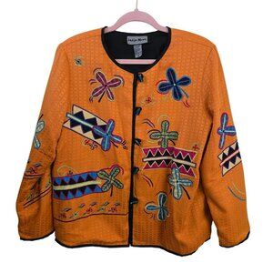Indigo Moon Vintage Mixed Media Embroidered Patch Jacket Art To Wear Size M